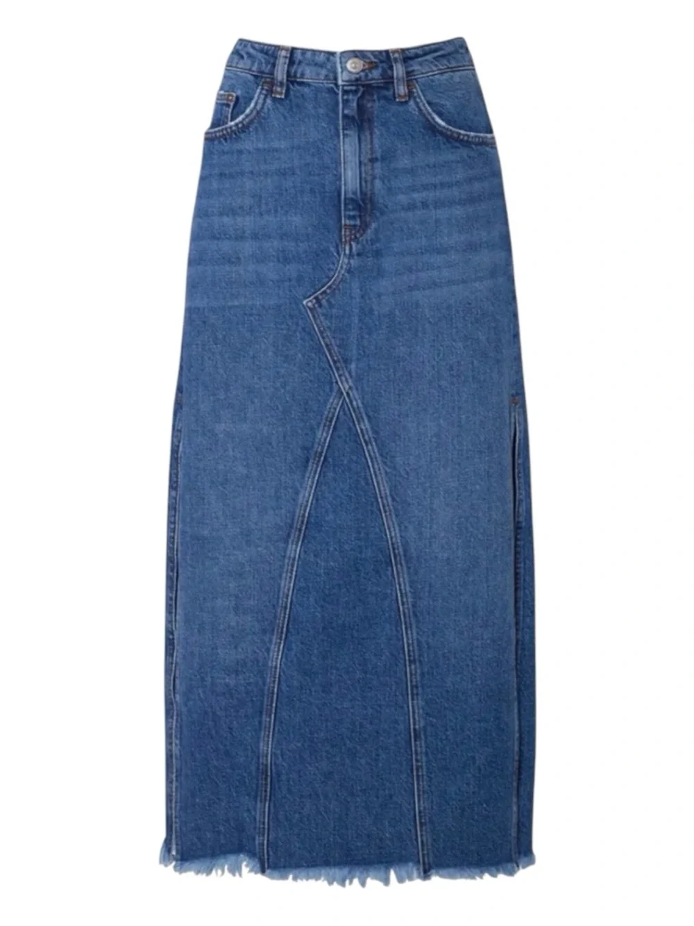FREE PEOPLE Midi Blue Denim Skirt with Side Slits.
